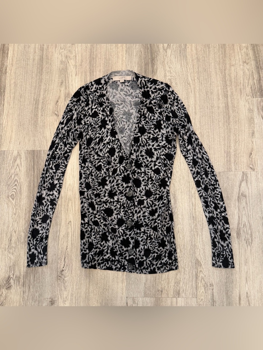 LOFT Gray Black Floral Button Front Cardigan XS Lightweight‎ Knit Sweater